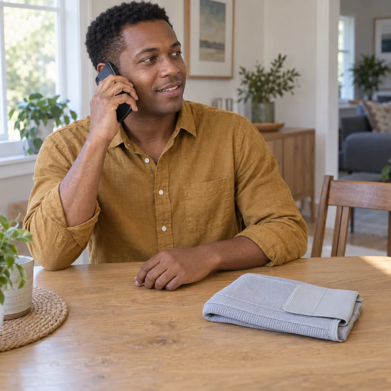 A fictional adult man in an ochre shirt talks on a phone at a home table beside a folded light-gray support wrap.