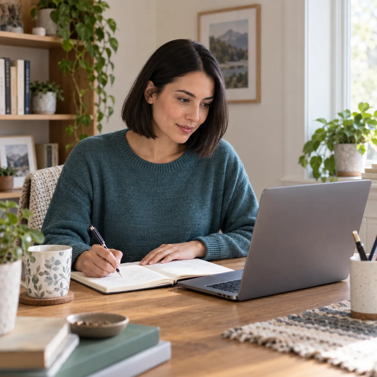 A fictional adult woman in a teal sweater writes in a notebook beside an open laptop at a home desk.