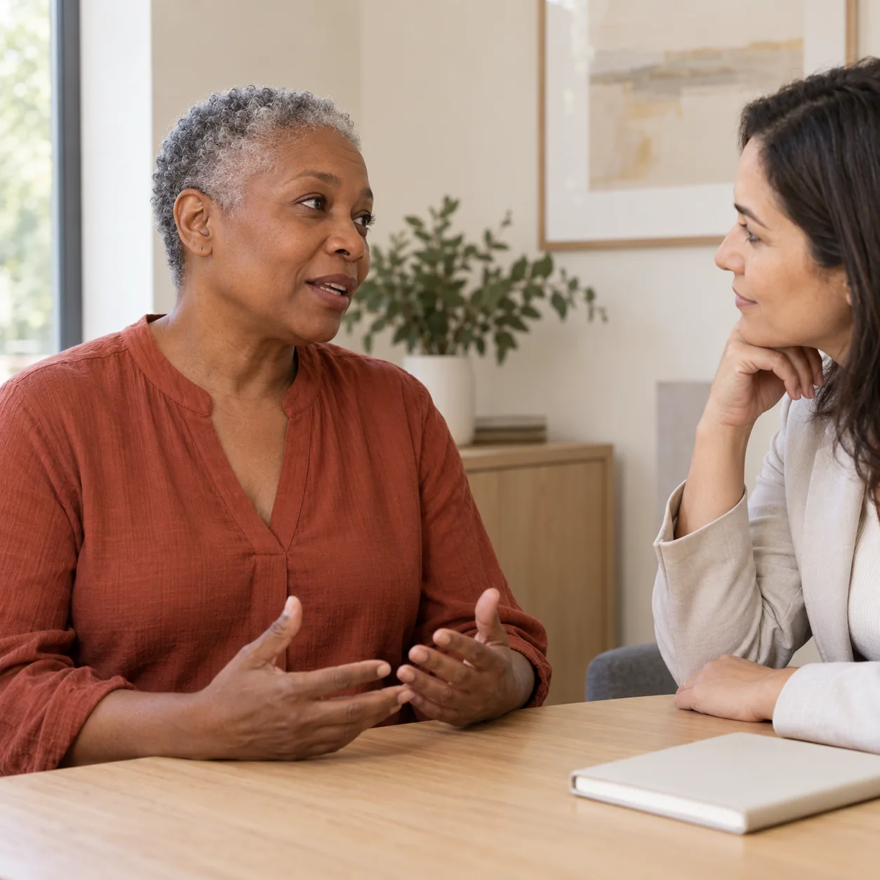 A fictional older woman with one ear naturally visible discusses her goals with an attentive clinician in a softly lit room.