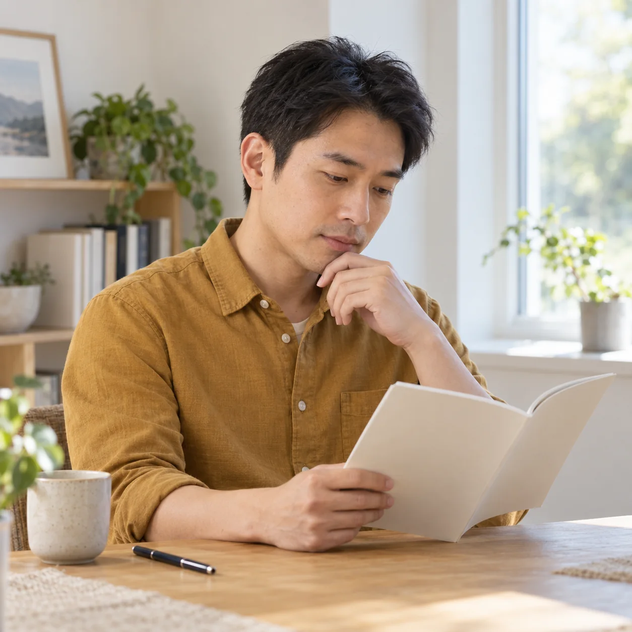 A fictional adult with one ear naturally visible considers an unmarked information booklet at a quiet table.