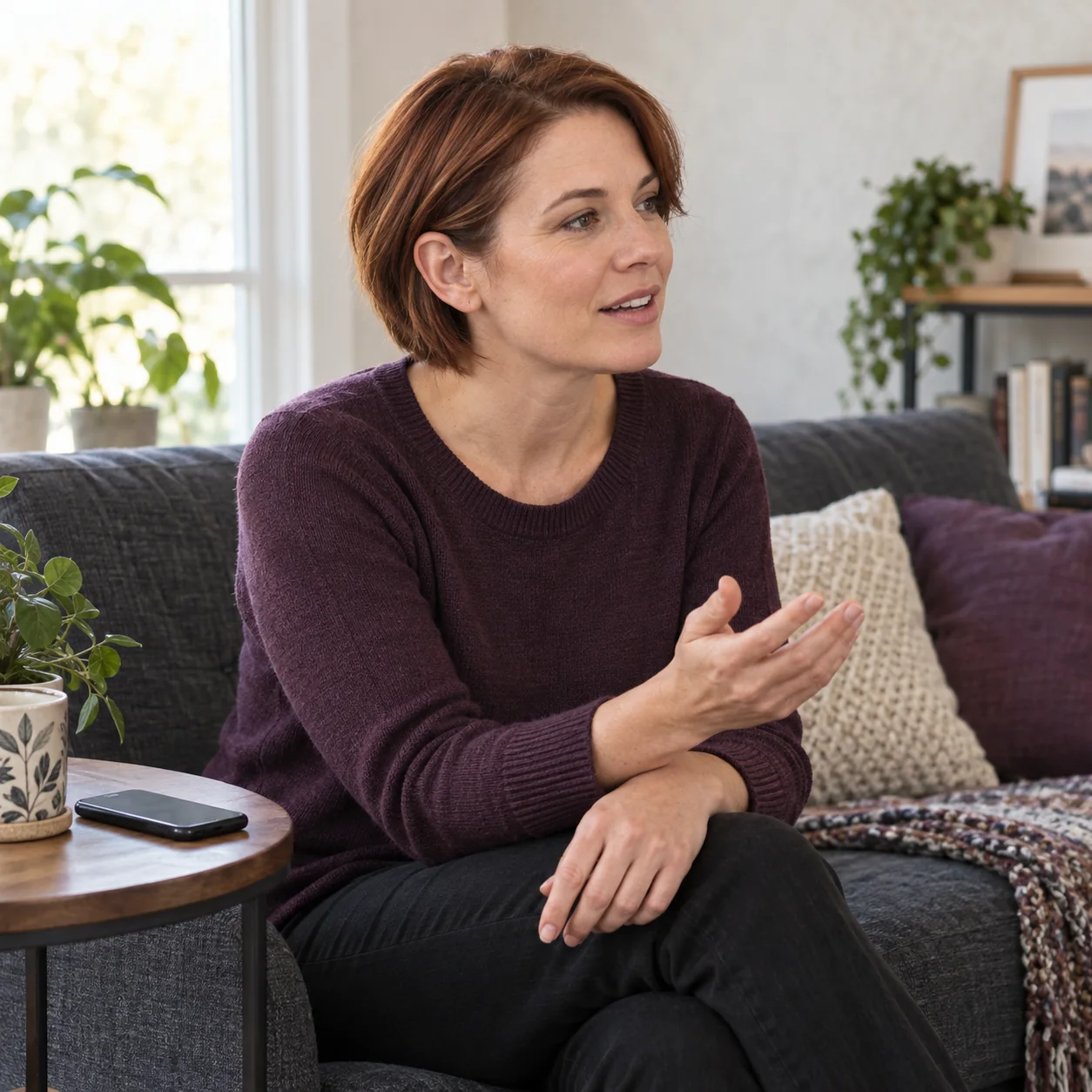A fictional woman with one ear naturally visible gestures during a conversation at home, with a phone nearby.
