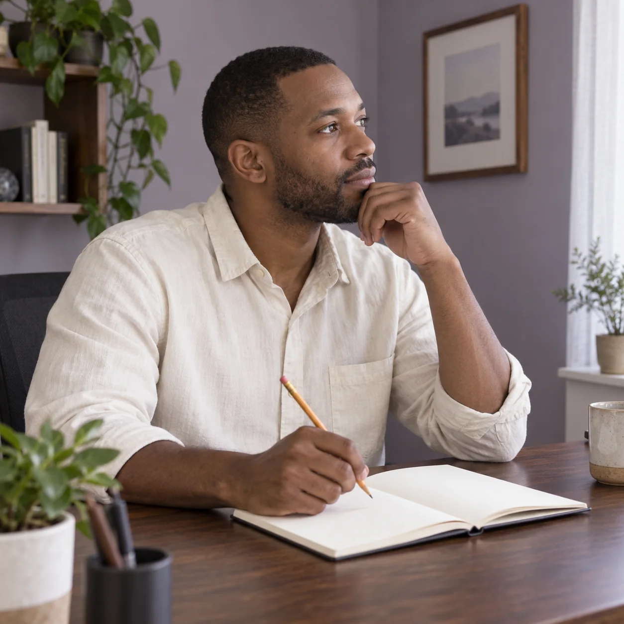 A fictional adult pauses with a pencil over an open notebook at a home desk.