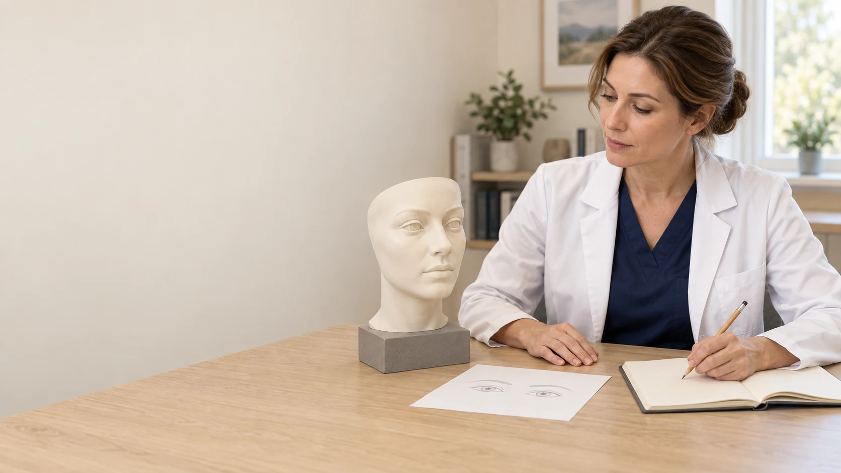 A fictional clinician studies an artificial facial teaching bust and an illustrative external eyelid sketch while taking notes in a medical learning room.