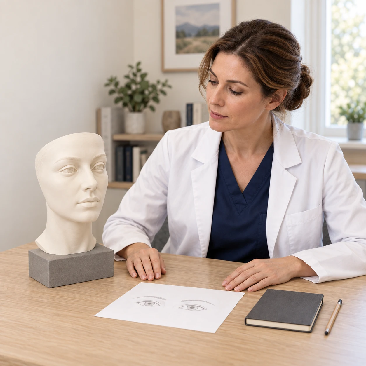 A fictional clinician studies an artificial facial teaching bust and an unlabelled external eye-and-brow sketch in a medical learning room.