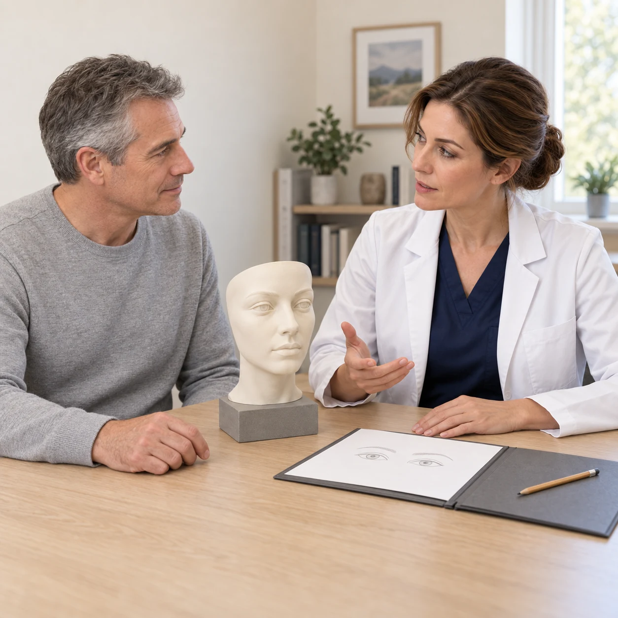 A fictional clinician and adult consultation participant discuss individual eyelid planning beside an artificial facial teaching bust and an illustrative external eye-and-brow sketch.