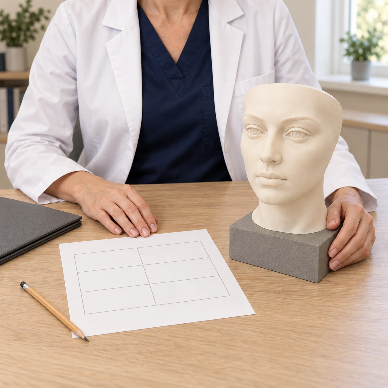 Close tabletop view of a fictional clinician studying an artificial facial teaching bust beside a blank comparison grid for individual planning.