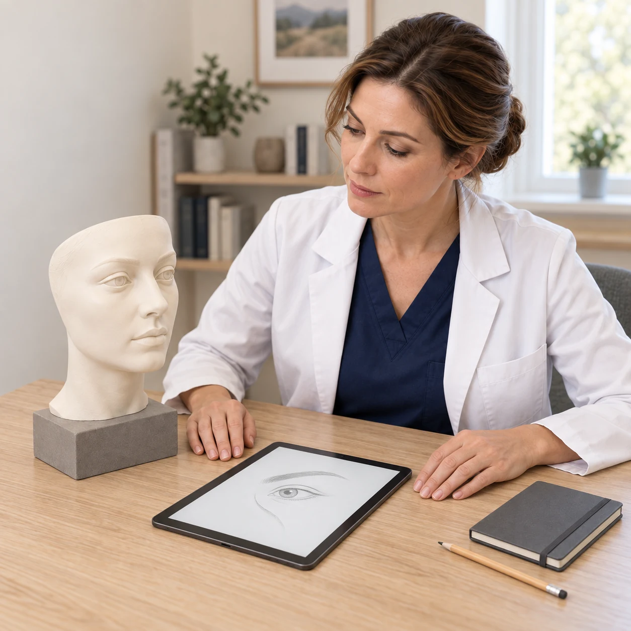A fictional clinician studies an artificial facial teaching bust and an illustrative external eye-and-cheek contour on a screen-up tablet.
