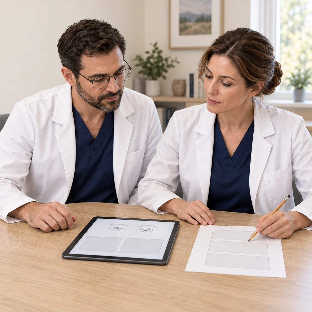 Two fictional clinical colleagues review generic follow-up teaching materials on a screen-up tablet and a neutral paper worksheet.