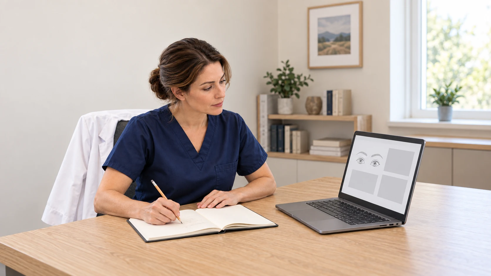 A fictional clinician in navy scrubs studies an illustrative learning page on a laptop while taking notes in a bright medical learning room.