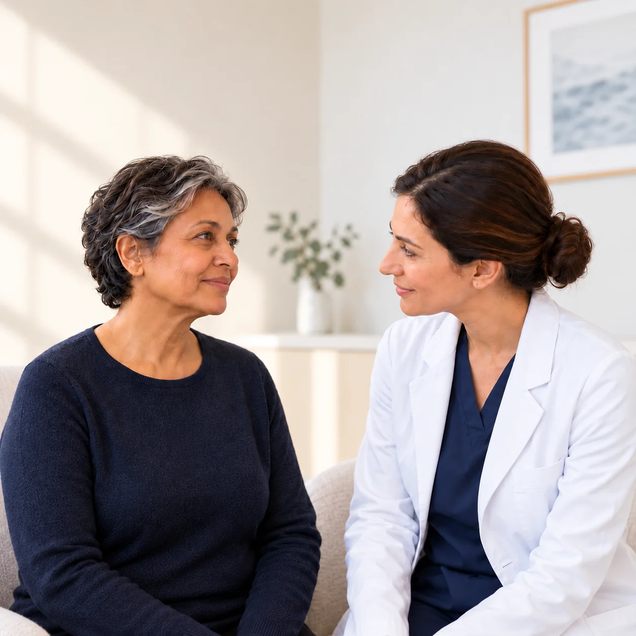 The fictional mature visitor's natural cheek, jawline and upper neck are visible as she talks with the same fictional woman clinician in a quiet room.