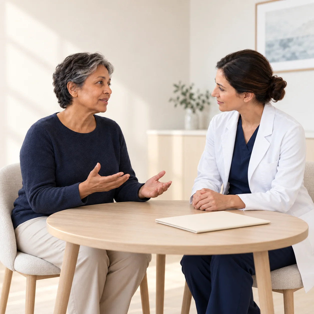 The same fictional mature visitor discusses her priorities with a fictional woman clinician across a small table in a calm consultation room.