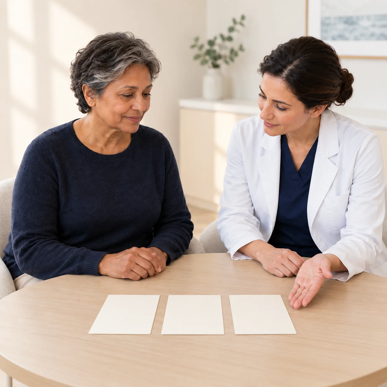 The same fictional mature visitor and woman clinician consider three equally weighted blank cards together at a light-wood table.