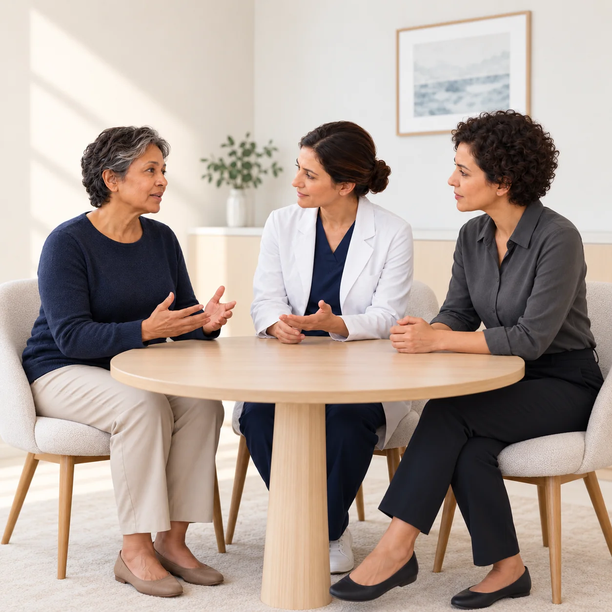 A fictional mature visitor discusses concerns with a familiar woman clinician and a second fictional professional colleague around a bare table.