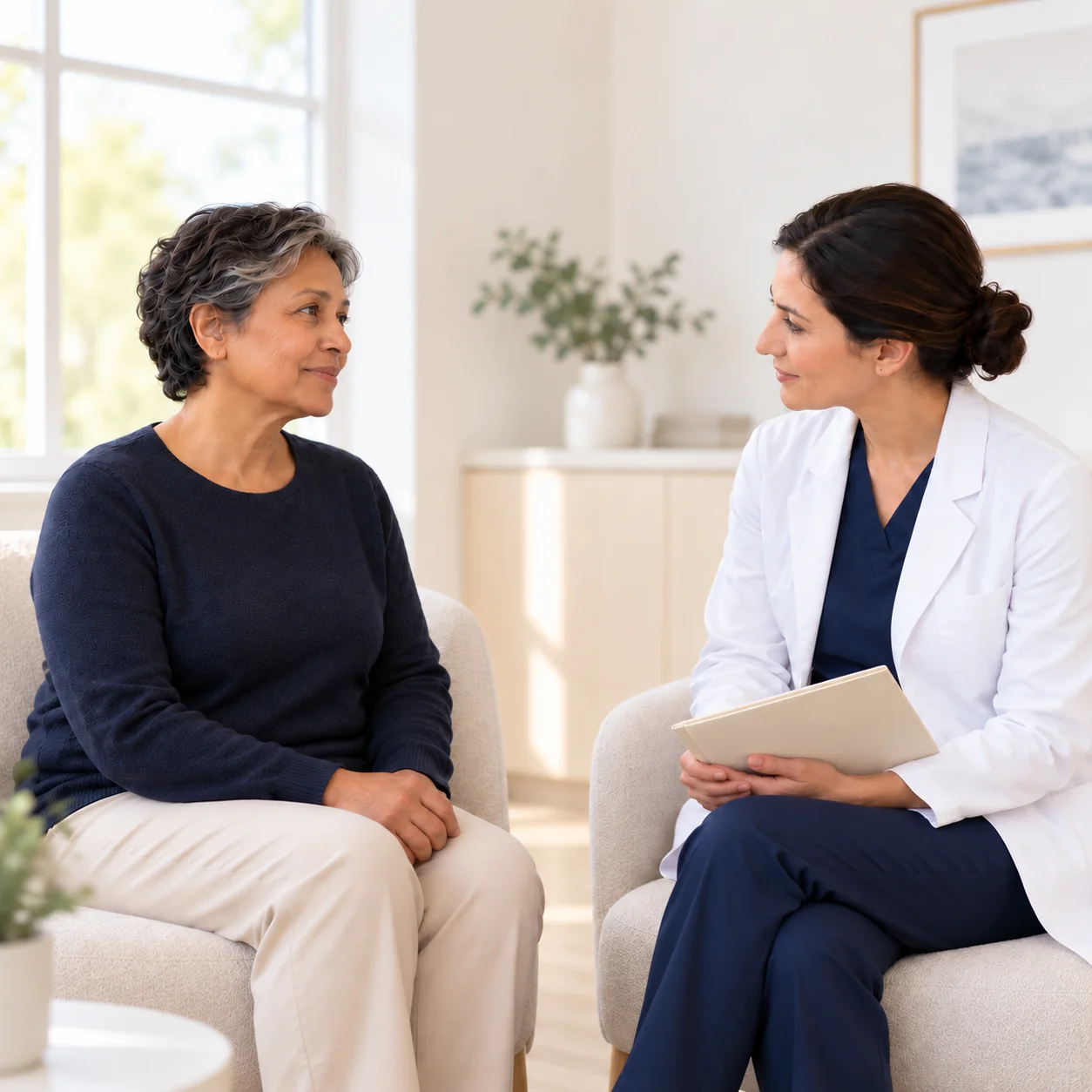 The same fictional mature visitor and woman clinician speak in separate chairs by a window; the clinician holds a closed blank paper folio.