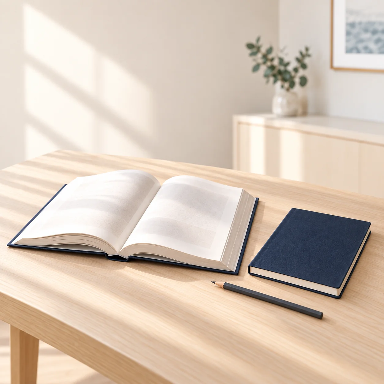 An open unbranded reference book, closed plain navy notebook and graphite pencil sit on a light-wood desk in warm daylight.