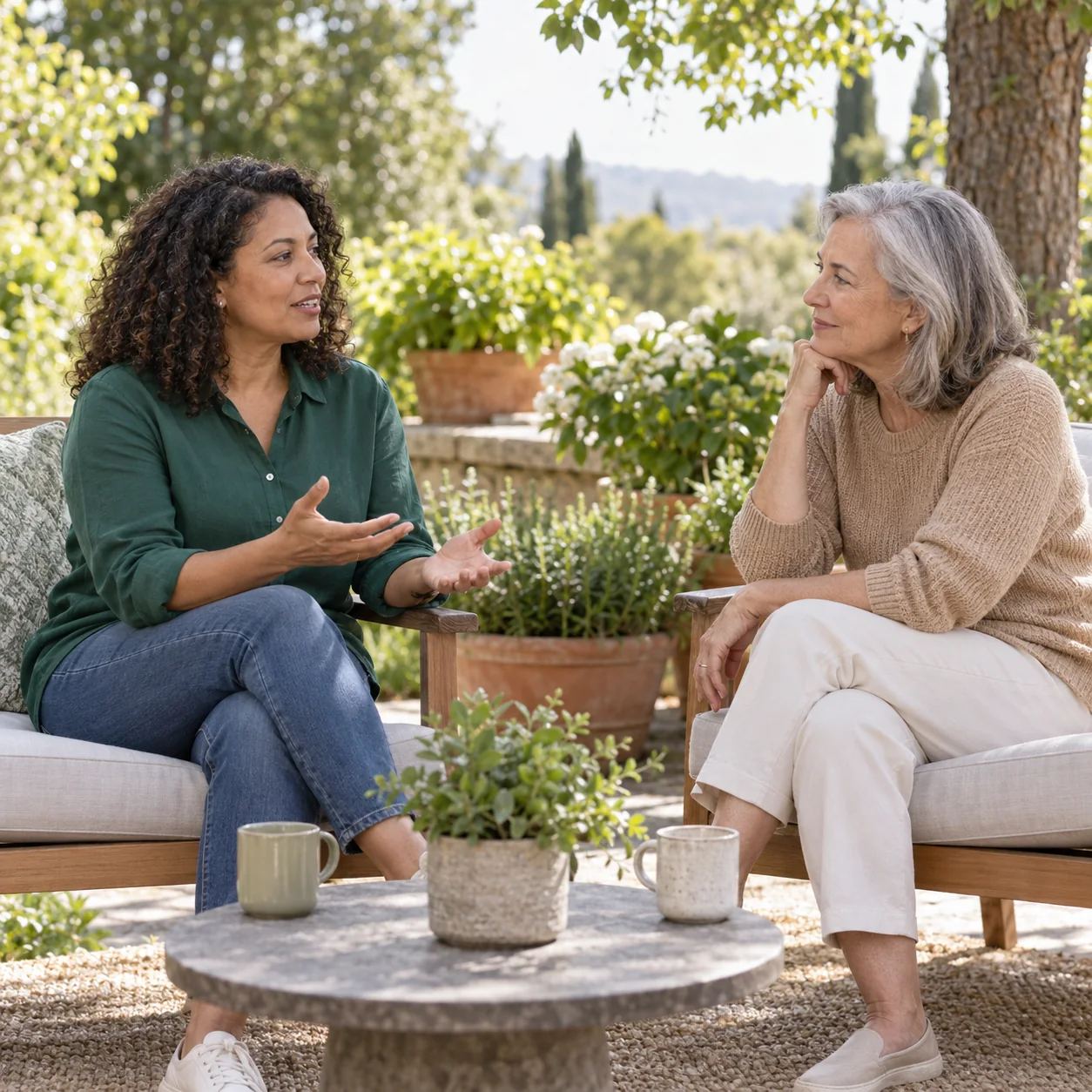 Two adults having a calm conversation on a garden terrace.