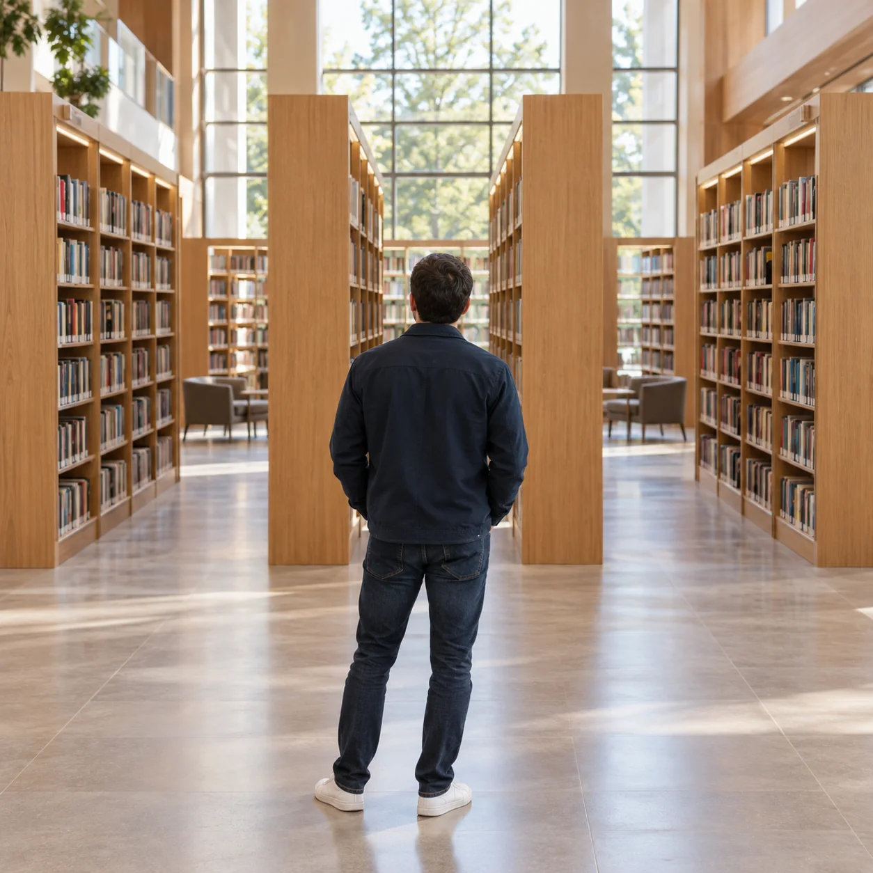 Adult pausing before open aisles in a library.