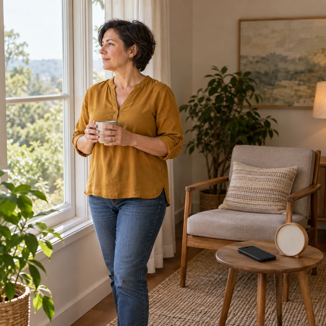 Adult holding a cup beside a sunlit window, with a phone on a nearby table.
