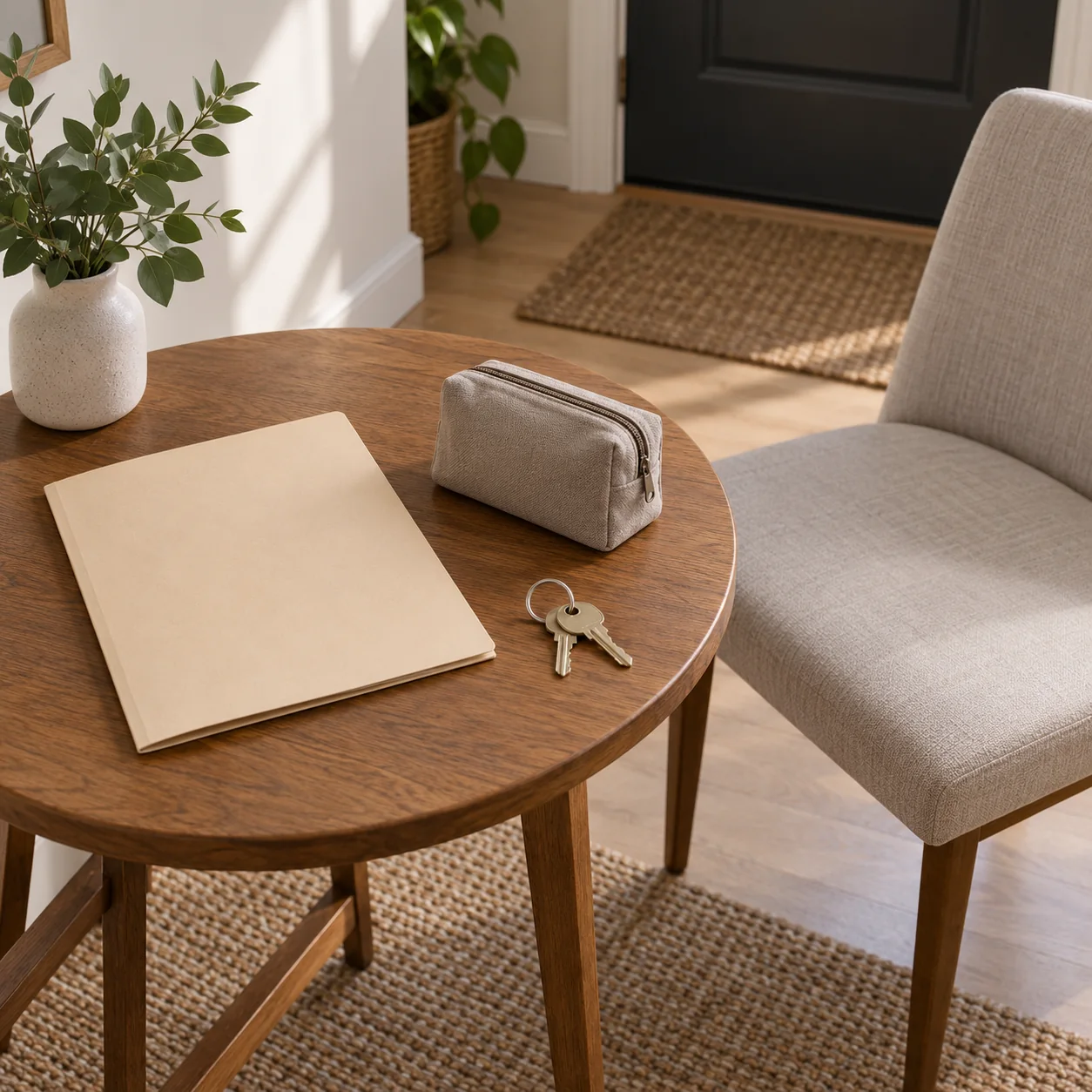 Unmarked folder, small fabric pouch and keys on a table beside an empty chair.