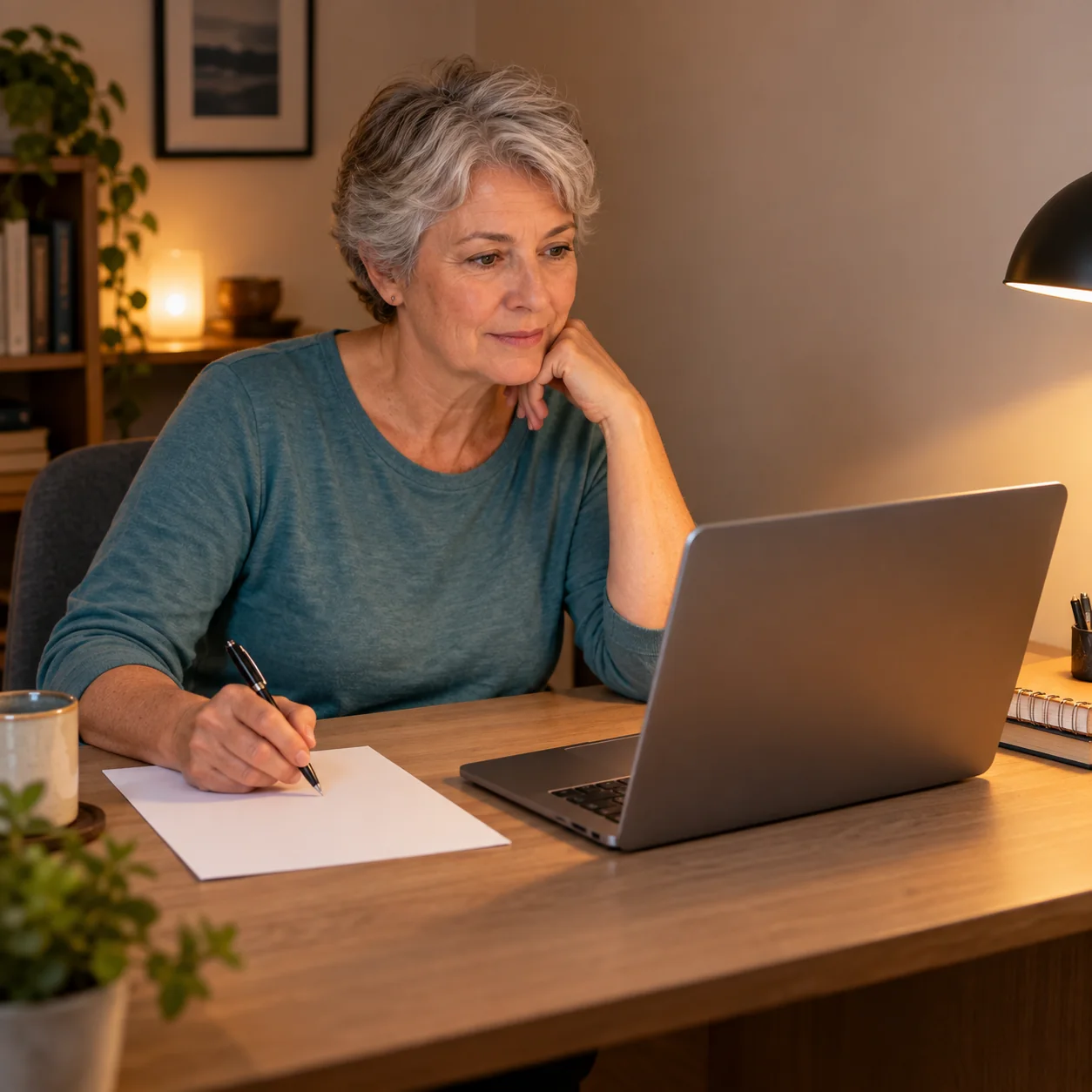 Adult taking notes on a blank sheet while studying at a laptop.