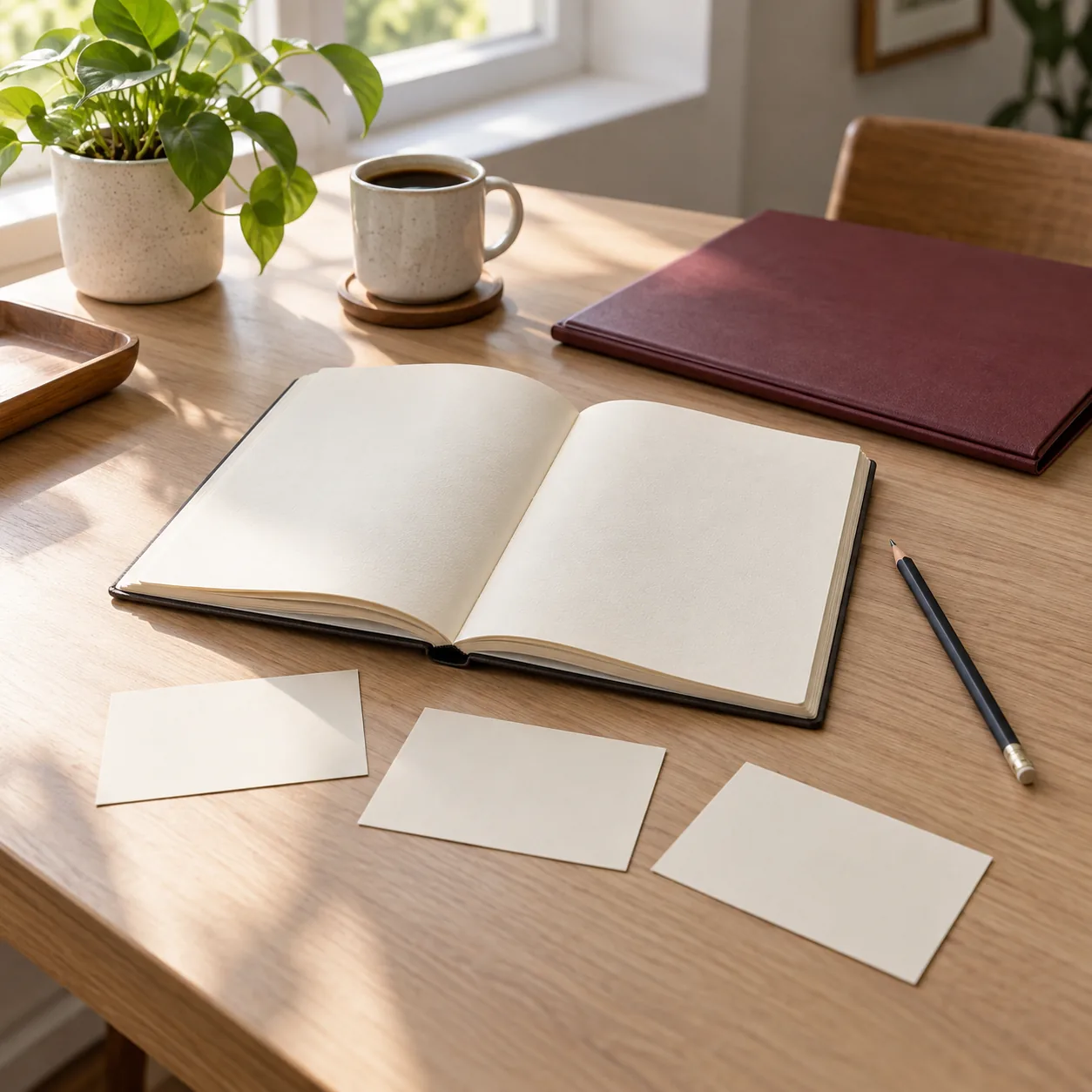 An open blank cream notebook, a dark pencil and three plain cream cards rest on a wooden table beside a closed burgundy folder-like object.
