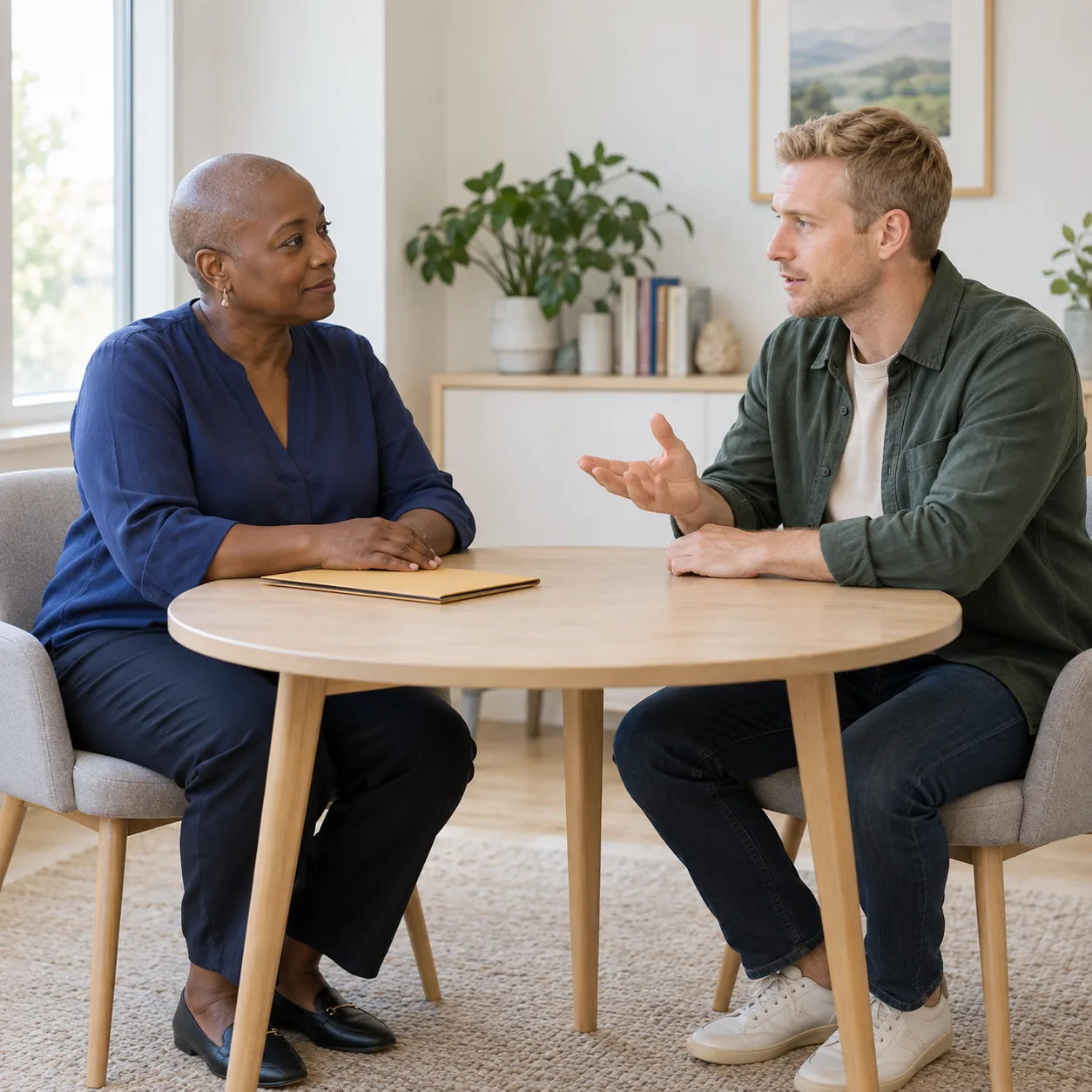 An adult woman with a shaved head in an indigo blouse and a blond adult man in a green overshirt talk across a wooden table beside a closed ochre folder-like object.