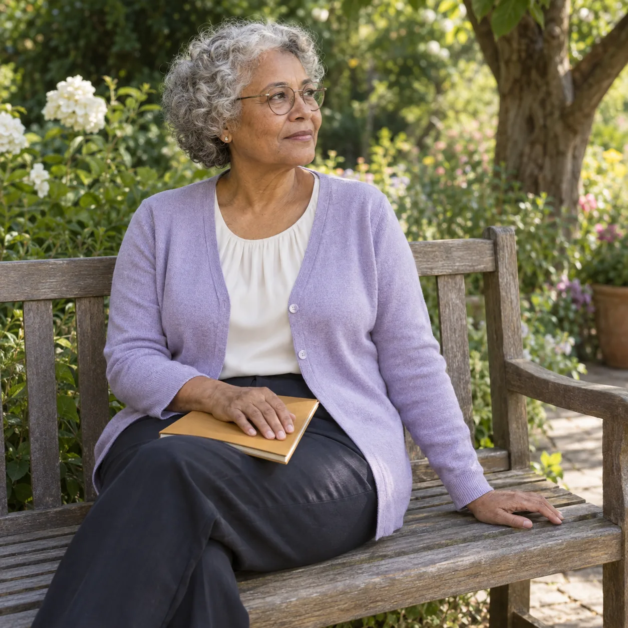 An older adult woman with gray curls and round glasses sits on a wooden garden bench with a closed ochre notebook on her lap.