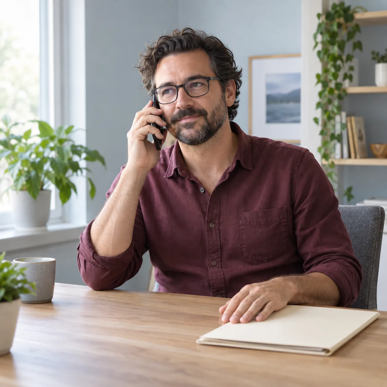 An adult man with glasses holds a black phone to one ear at a wooden desk, with his other hand resting over a closed cream folder.