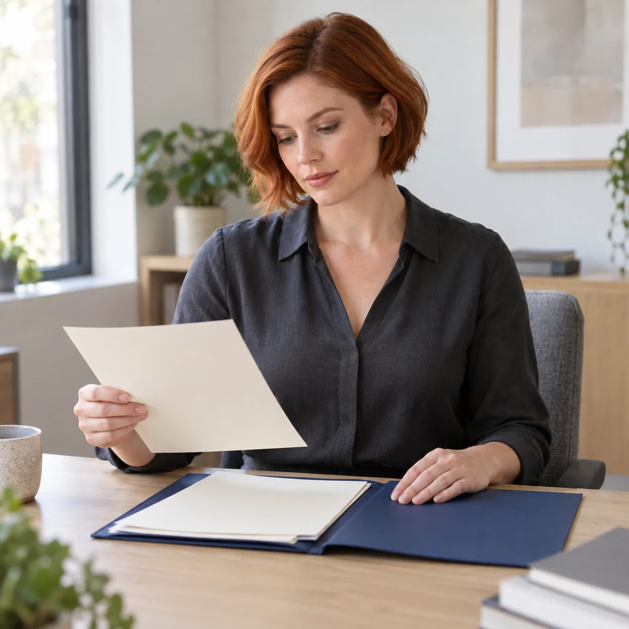 An adult woman holds a cream sheet above an open navy folder at a wooden desk, with her other hand resting on the folder.