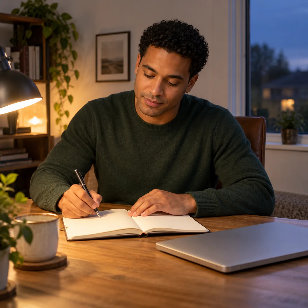 An adult man in a dark-green sweater holds a pen over an open cream notebook at a wooden desk beside a closed silver laptop.