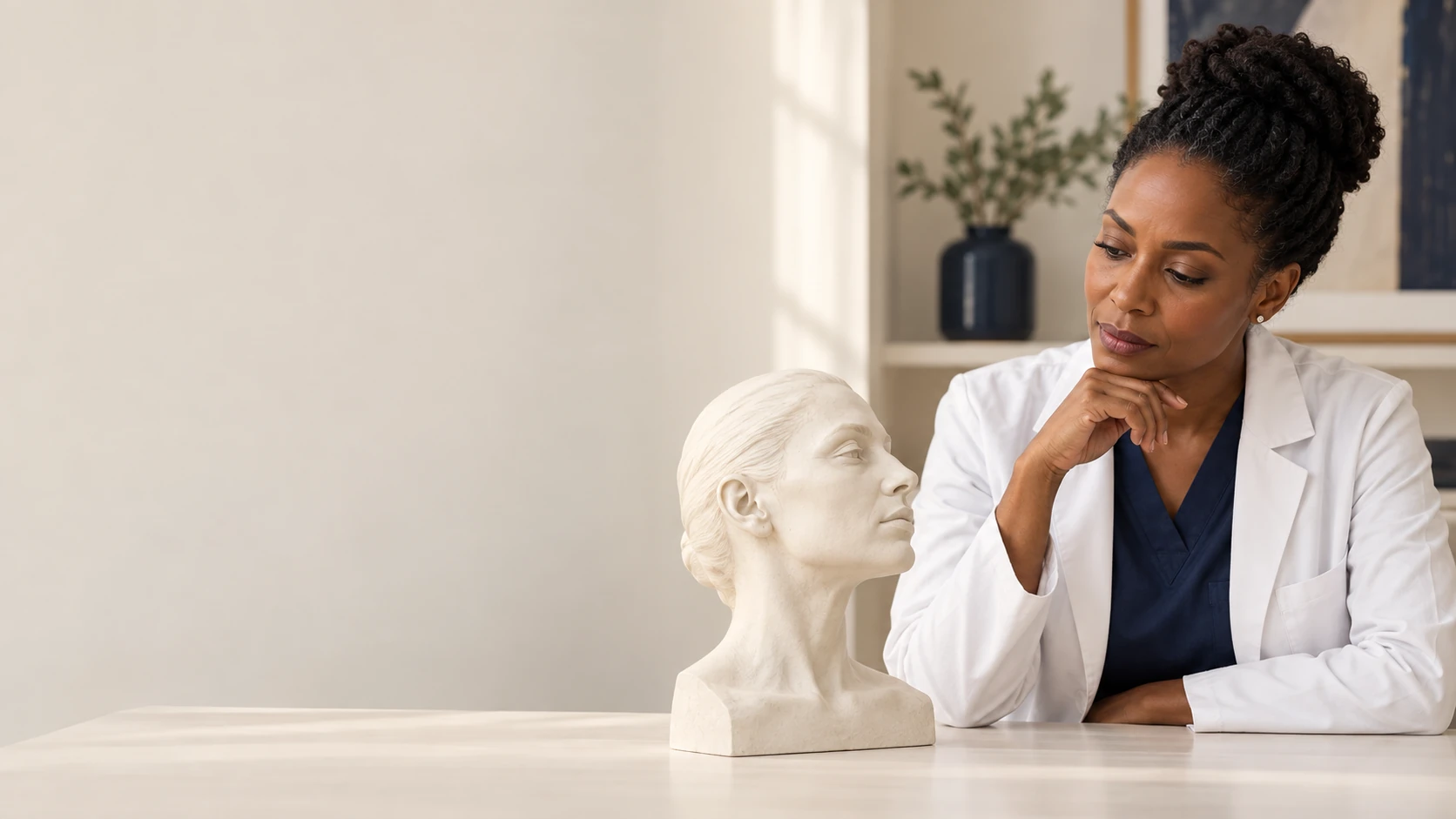 A fictional clinician studies an unmarked sculptural model of the external face and neck in a quiet consultation room.