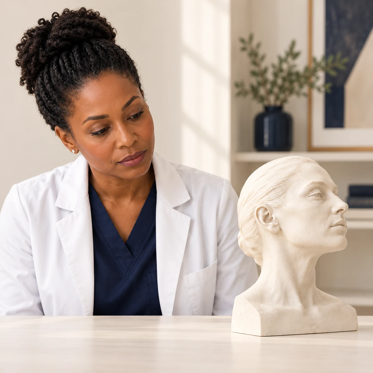 A fictional clinician thoughtfully studies an unmarked ivory external face-and-neck sculpture in a quiet room.