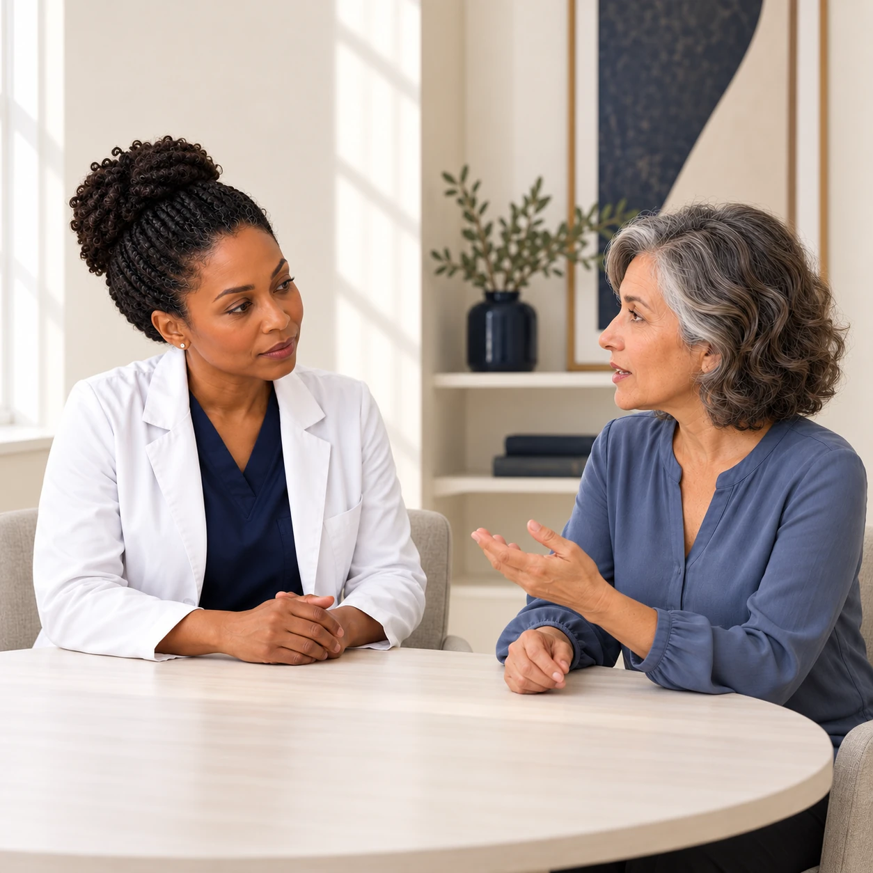 A fictional clinician listens to a fictional adult visitor during a calm discussion across a consultation table.