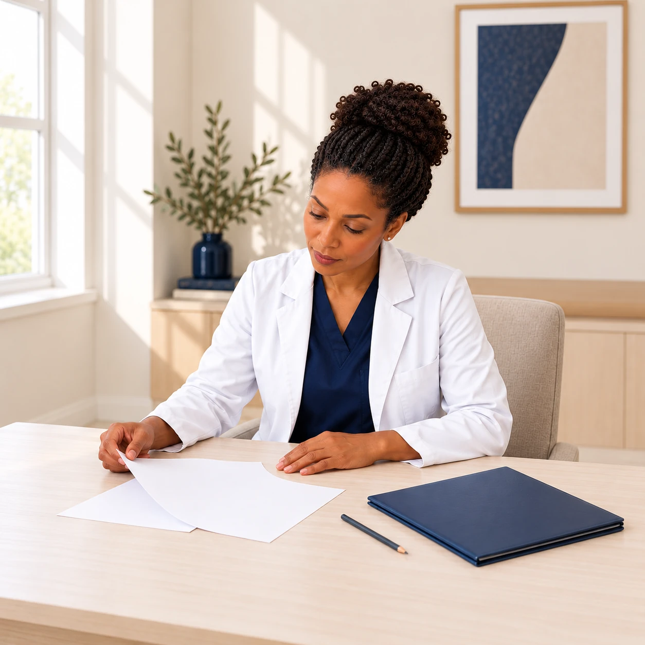 A fictional clinician thoughtfully reviews blank papers beside an unlabelled navy folder at a desk.