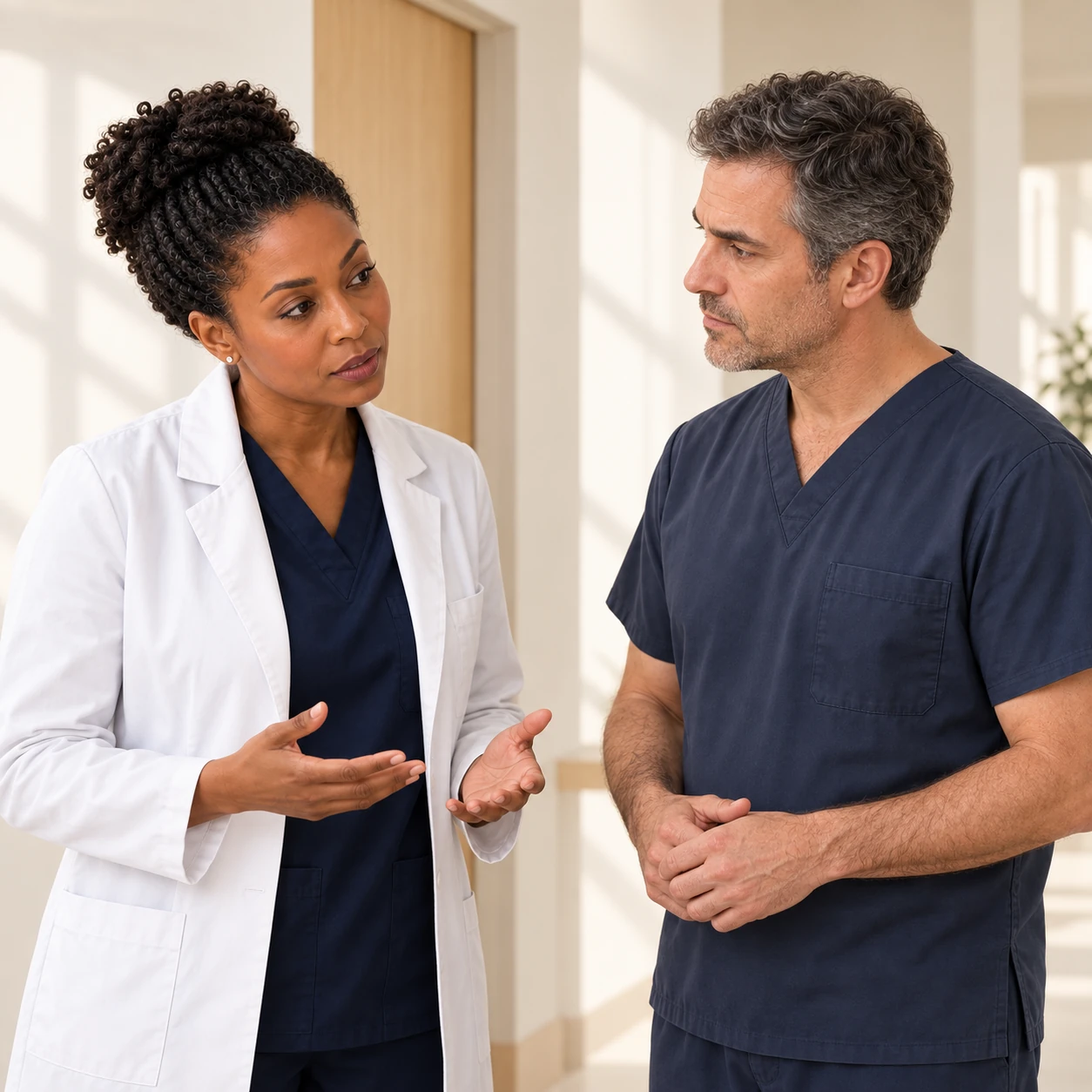 Two fictional clinicians discuss unresolved care questions while standing in a sunlit room.