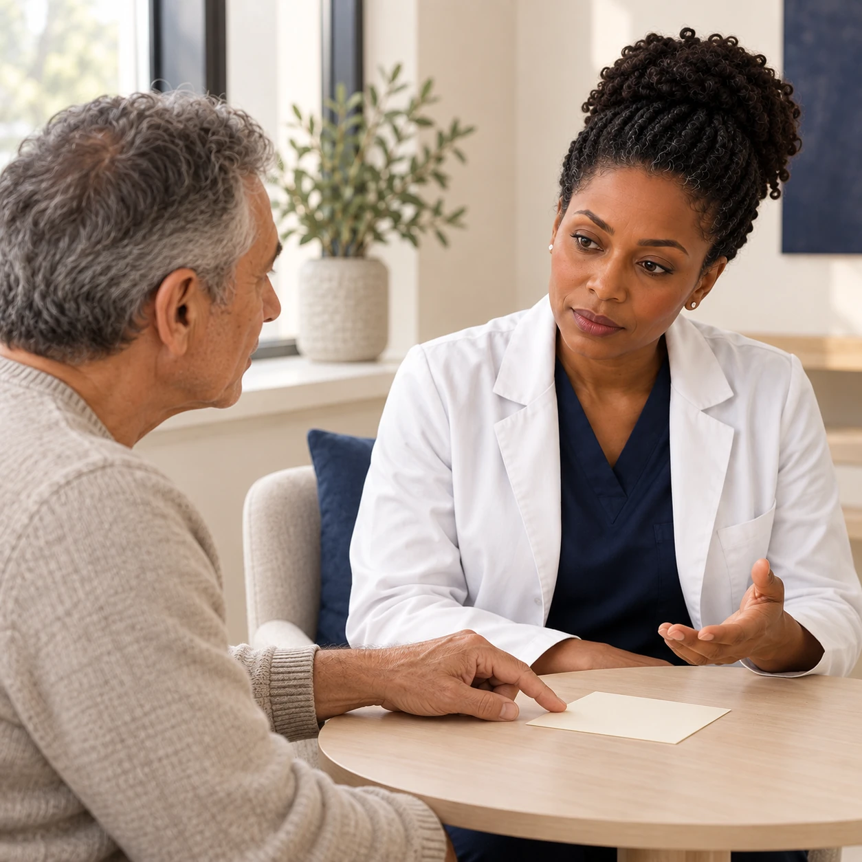 A fictional clinician listens to a fictional adult visitor beside a blank card during a calm conversation.