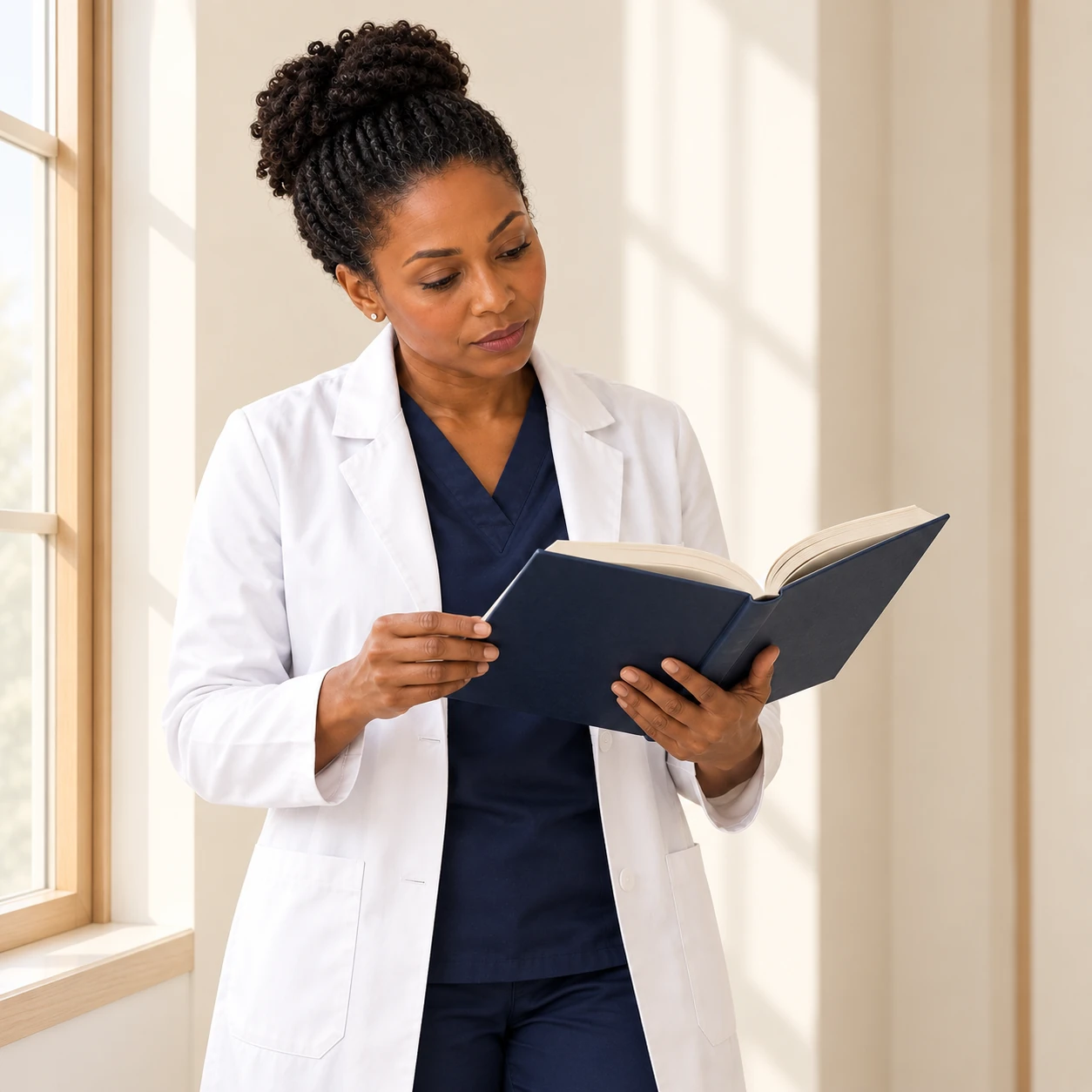 A fictional clinician stands alone by a window reading an unlabelled generic book.