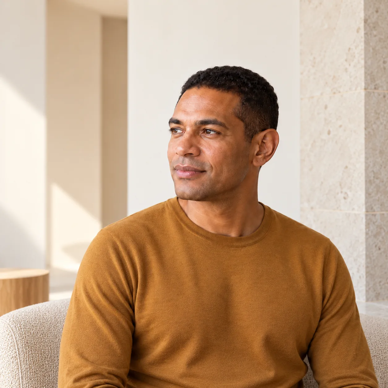 A fictional adult man in an ochre shirt sits in a quiet ivory room, looking thoughtfully aside with one ear naturally visible.