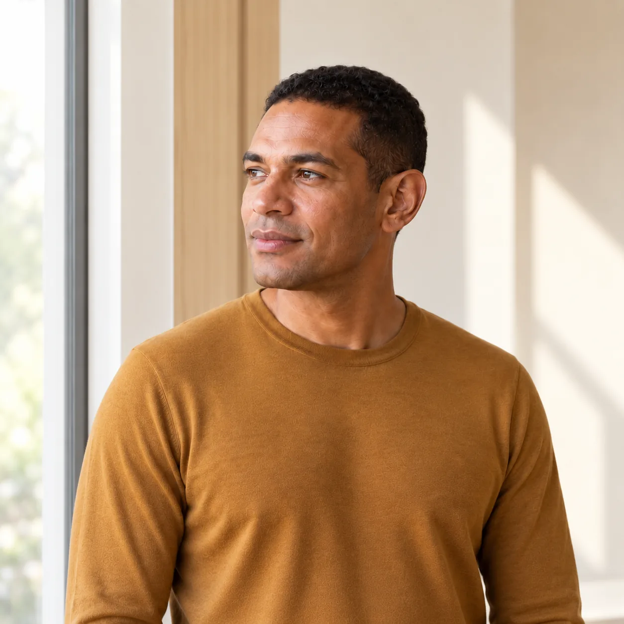 A fictional adult man in an ochre shirt stands beside a softly lit window, with one ear naturally visible.