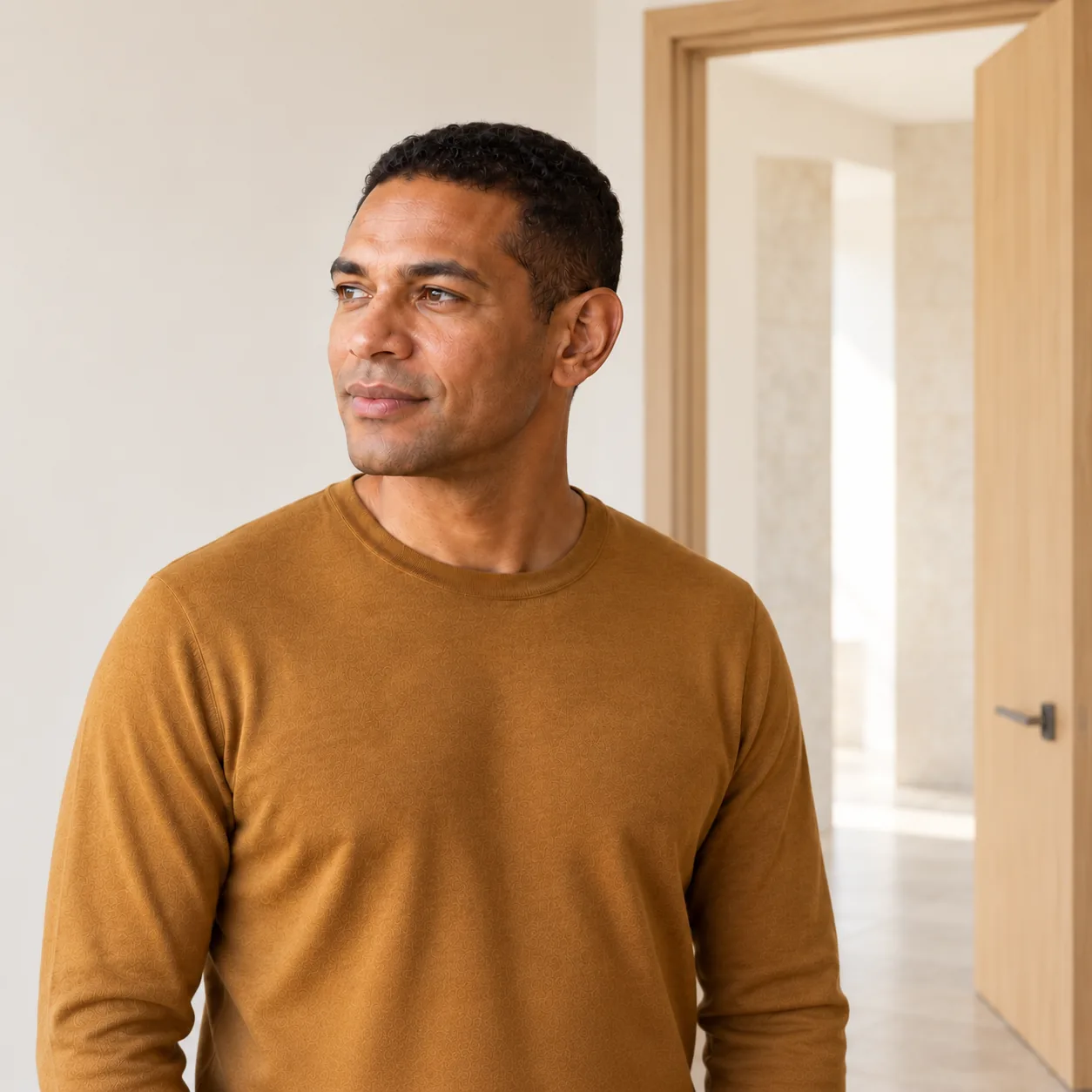 A fictional adult man in an ochre shirt pauses beside an open pale-oak doorway, with one ear naturally visible.