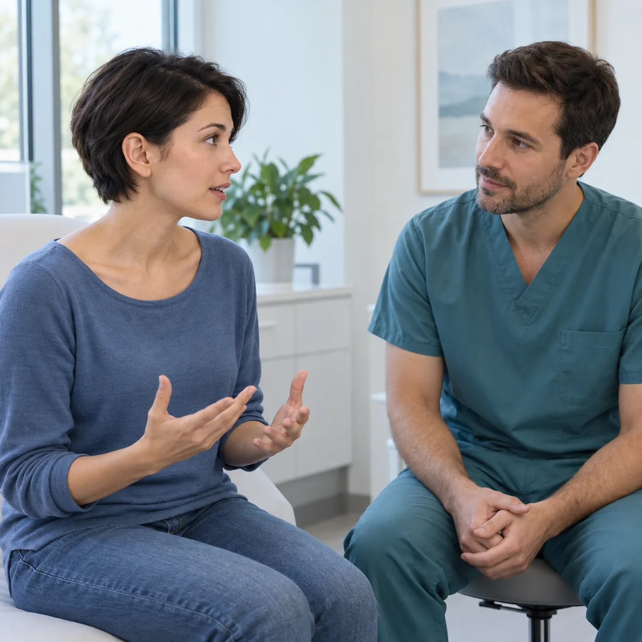 A woman with a visible ear discusses a concern with an attentive clinician in a bright follow-up room.