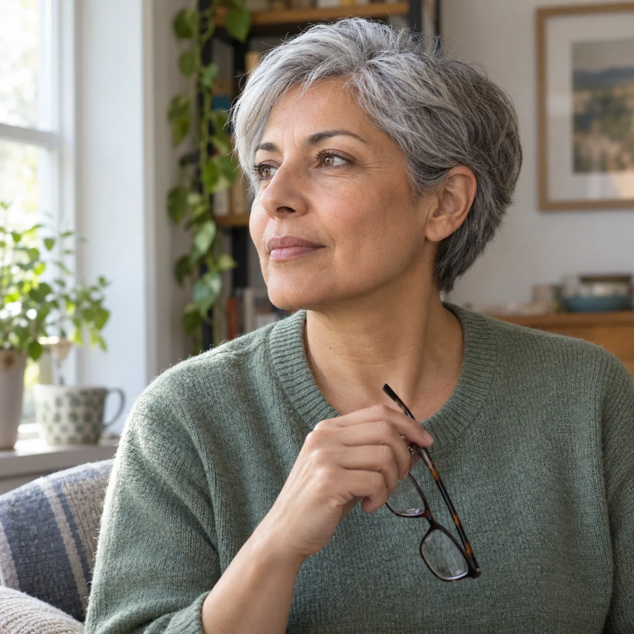 A silver-haired woman with one ear visible holds eyeglasses while sitting in a softly lit home.