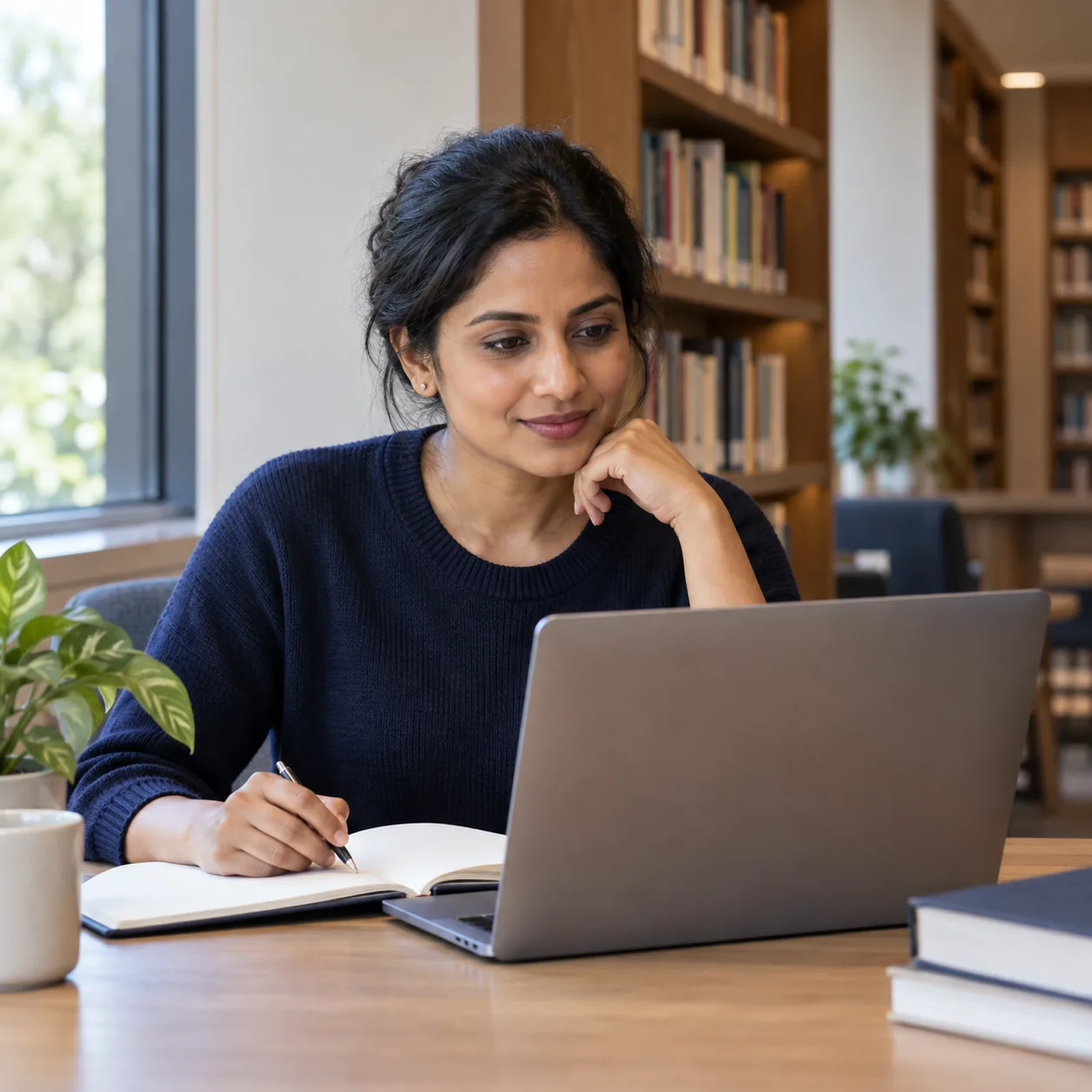 A woman studies alone at a library desk with a laptop and blank notebook.