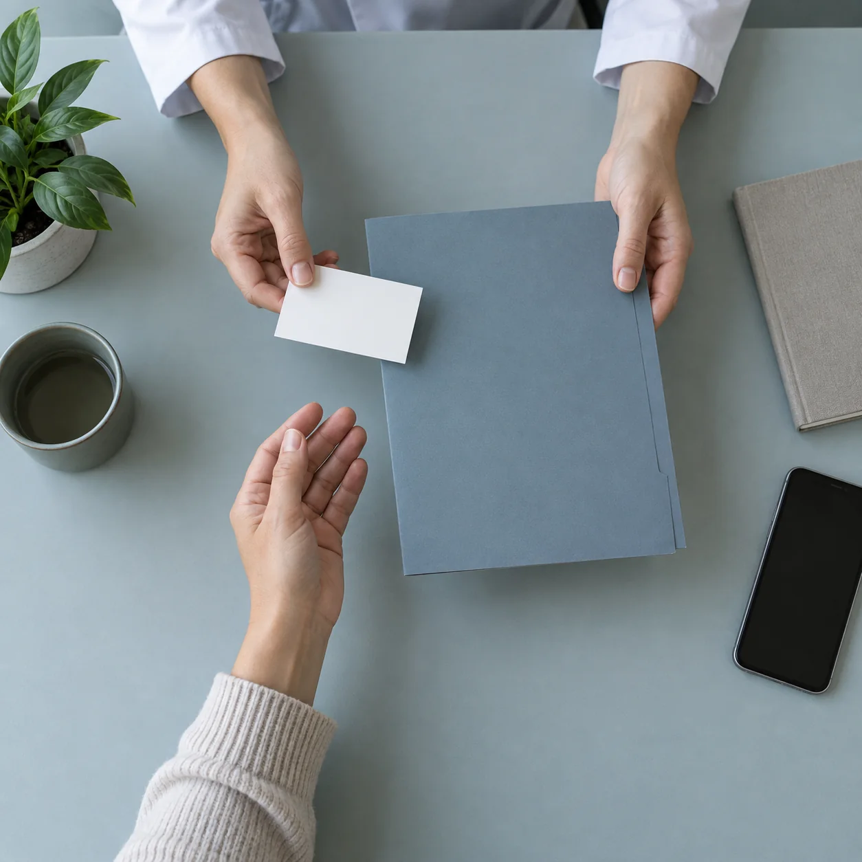Two adults reach across a desk toward a blank card and an unmarked folder.