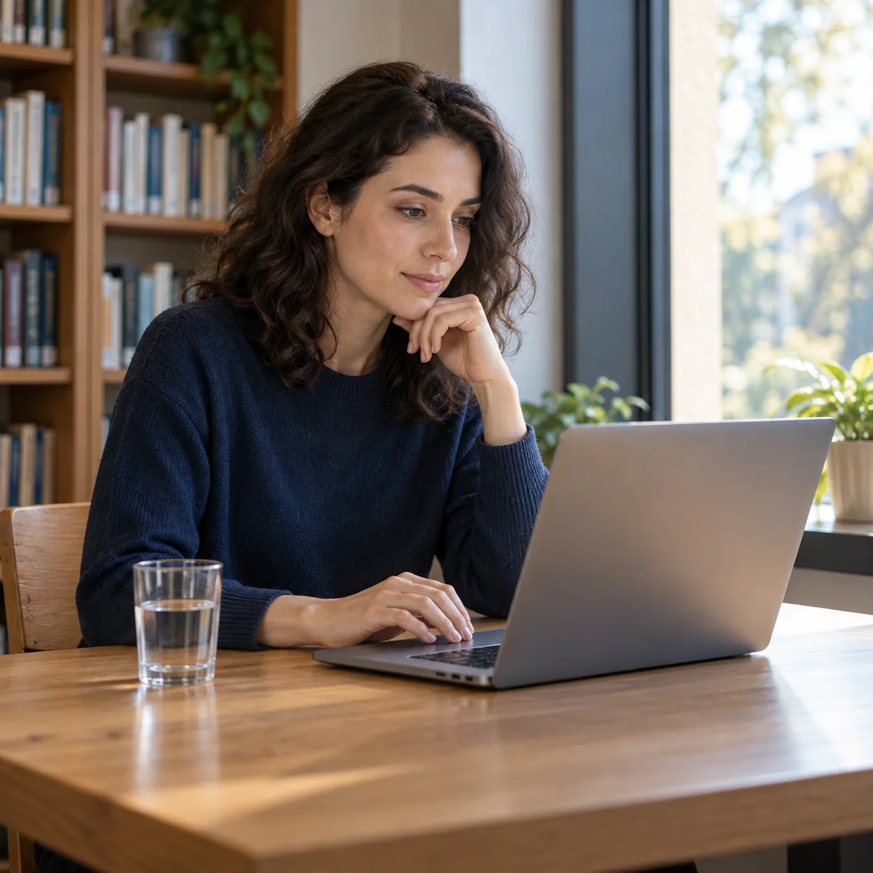 A fictional adult studies independently on a laptop at a quiet library table.