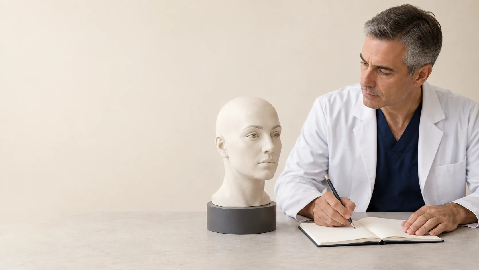A fictional male clinician studies an intact artificial facial teaching bust beside a blank notebook in a quiet professional room.