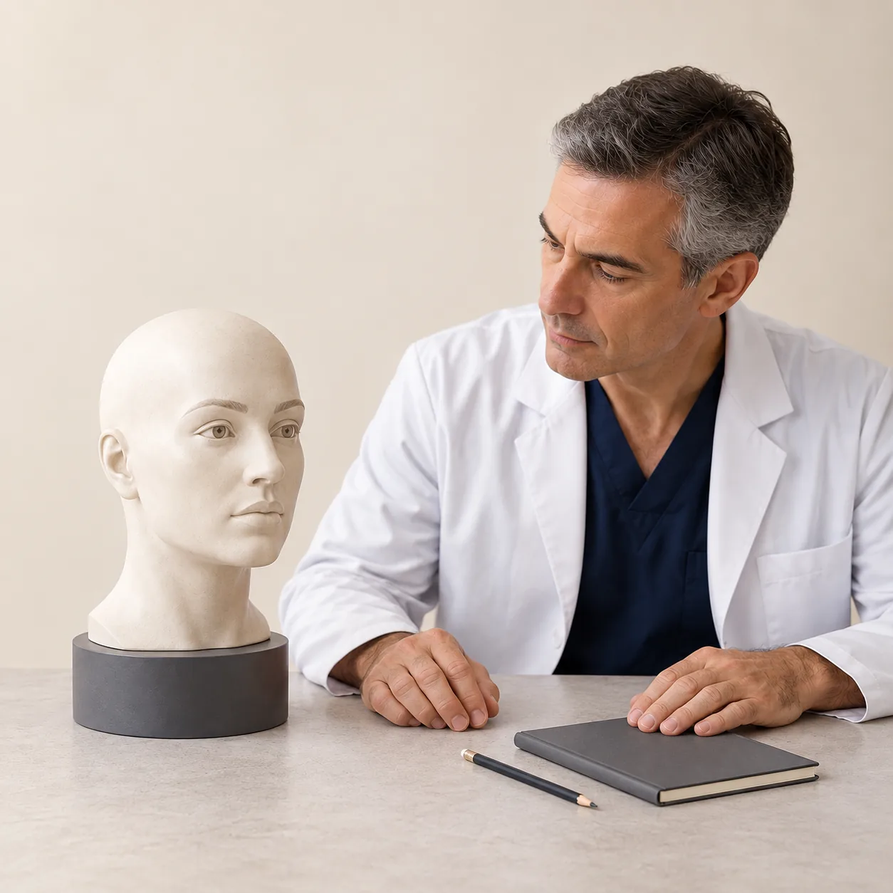 A fictional male clinician observes the upper eyelid and brow region of an intact artificial facial teaching bust beside a closed notebook and a separate pencil.