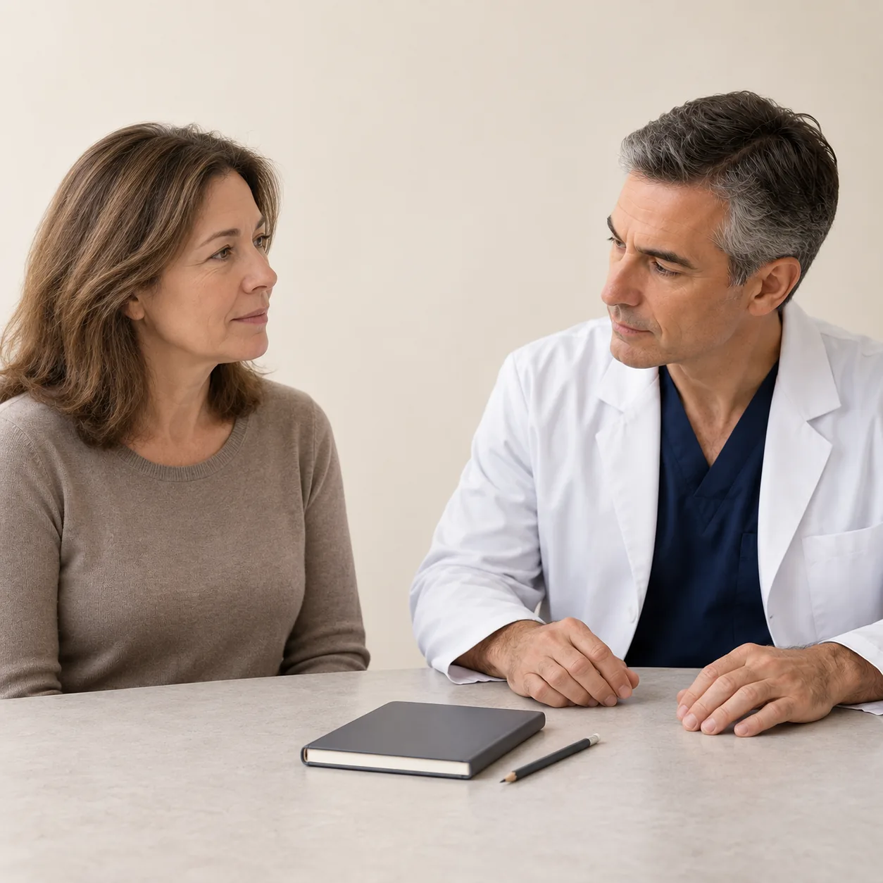 A fictional male clinician listens to a mature adult woman during a calm consultation, with a closed notebook and separate pencil on the table.