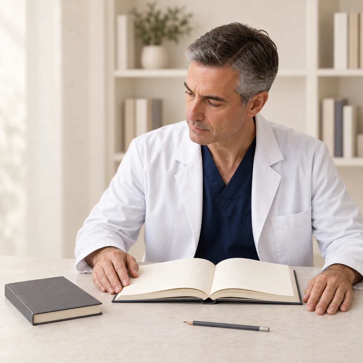 A fictional male clinician studies an open blank reference volume beside a separate closed graphite volume and a pencil in a quiet professional reading room.
