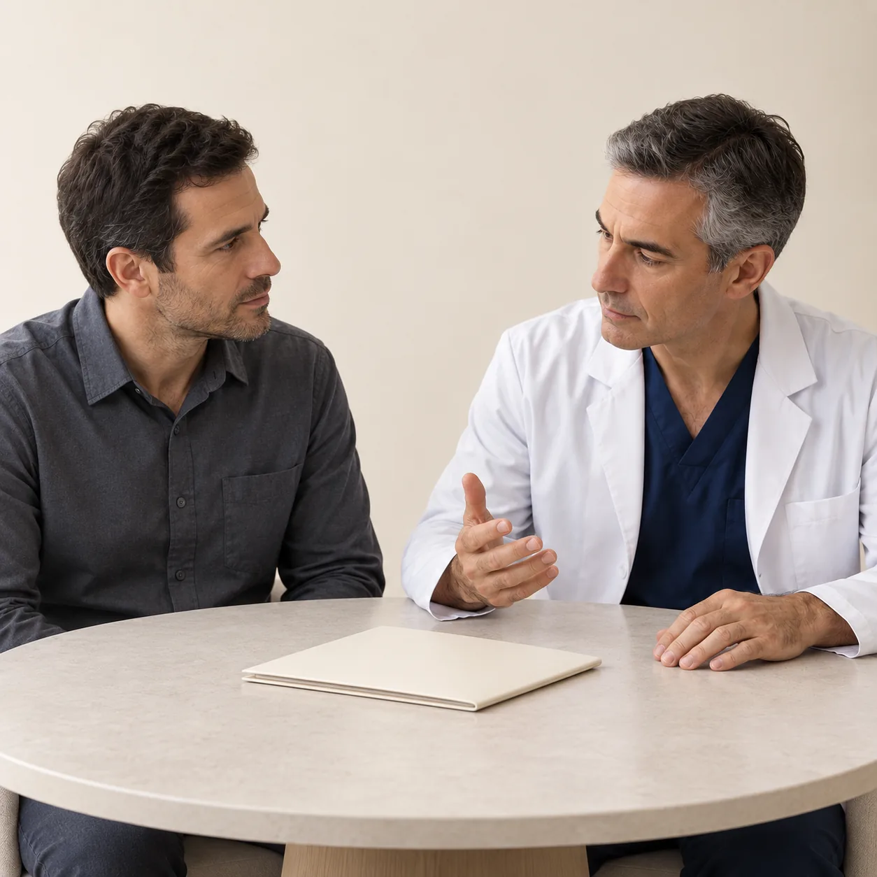 A fictional male clinician and a fictional male professional colleague discuss planning at a round ivory table with one closed blank cream folder.